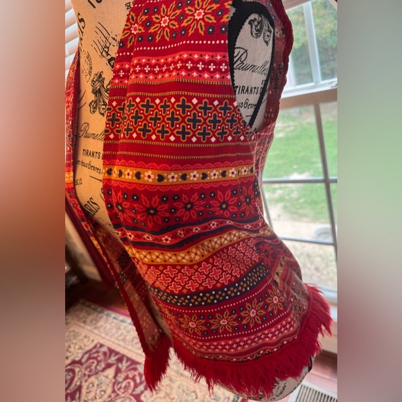 Vintage 70s Sears Fringe Vest Folk Striped Hippie Boho Floral Bright Red Orange - Picture 3 of 6